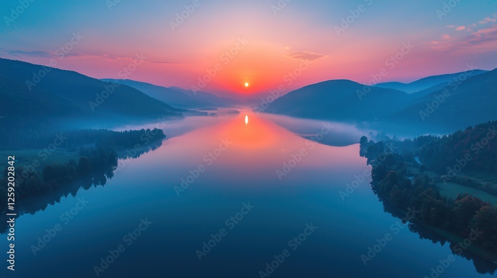 Fototapeta premium Serene Sunrise Over Misty Mountain Lake