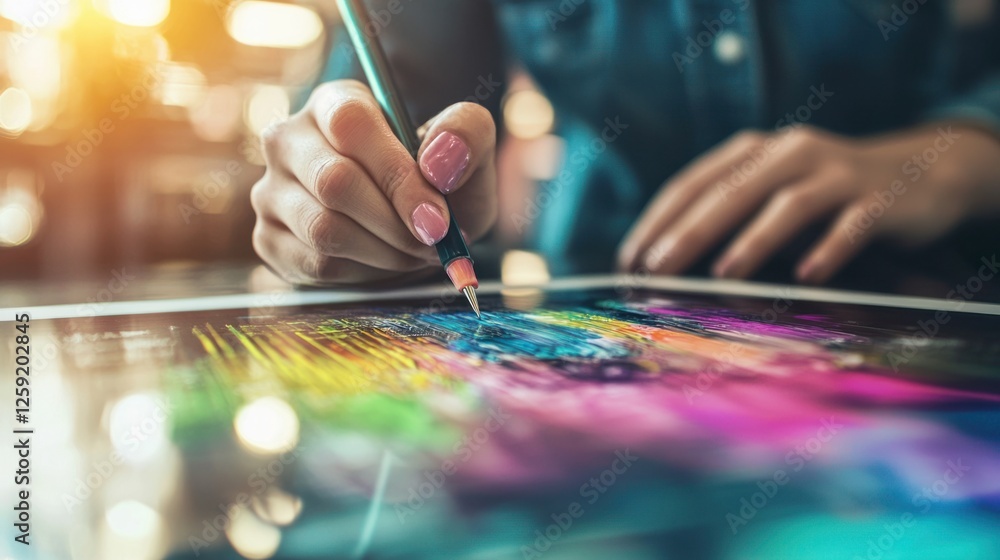 Obraz premium Creative Artist Drawing Colorful Abstract Design on Digital Tablet