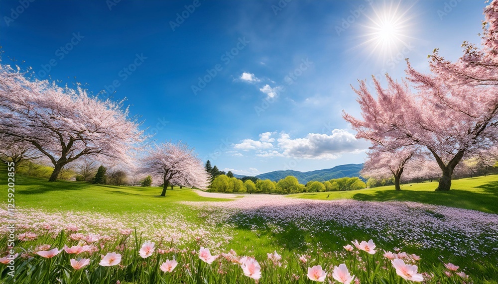 custom made wallpaper toronto digitalA breathtaking spring landscape with vibrant cherry blossoms, lush green meadows, and a clear blue sky. Sunlight filters through the delicate petals, creating a dreamy atmosphere. A peaceful nature
