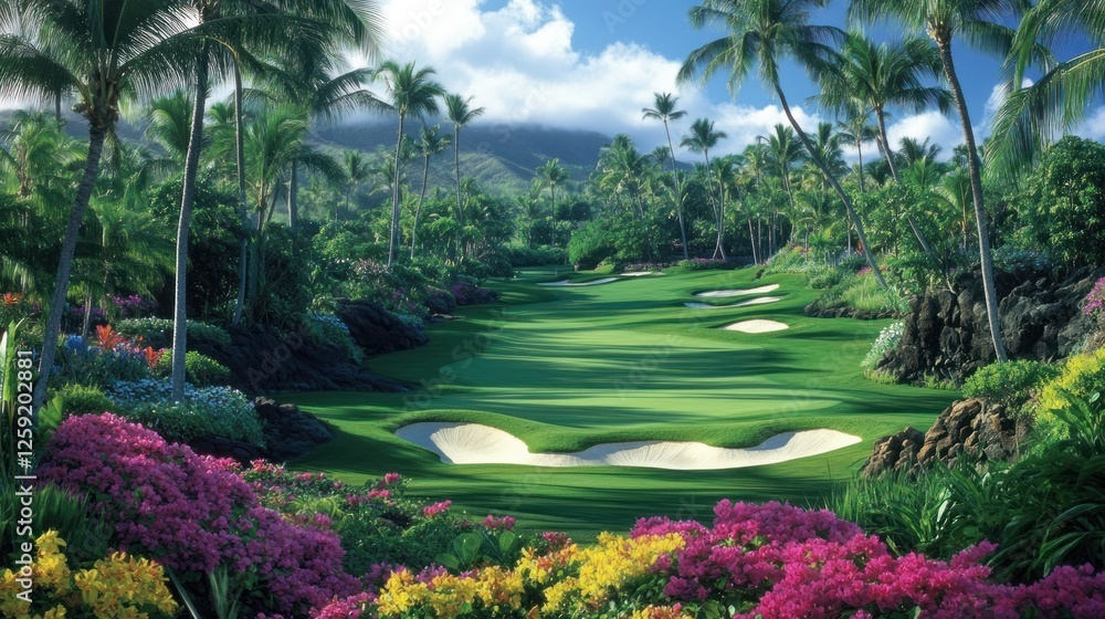 Obraz premium Tropical golf course fairway, lush landscaping, volcanic mountains, vacation brochure