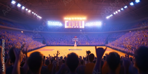 Basketball arena full of cheering fans during a game photo