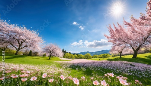 Wallpaper Mural A breathtaking spring landscape with vibrant cherry blossoms, lush green meadows, and a clear blue sky. Sunlight filters through the delicate petals, creating a dreamy atmosphere. A peaceful nature  Torontodigital.ca