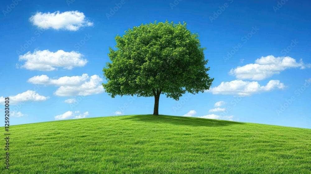Fototapeta premium Lone tree on green hill, blue sky, clouds, nature, idyllic scene, environmental