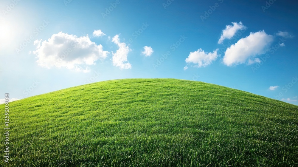 Naklejka premium Sunny Green Hill, Blue Sky, Clouds, Landscape, Nature