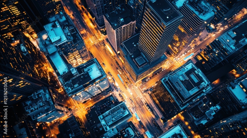 Aerial Night Cityscape, Illuminated Streets, Crossroads, Skyscrapers, Urban Development