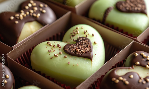 Tantalizing chocolate-dipped green apple wedges arranged in a heart-inspired display, offering a fresh gourmet treat. photo