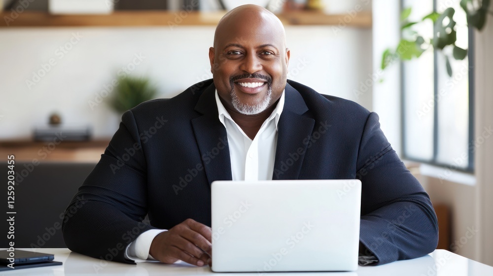 Smiling businessman working laptop office Smiling businessman working laptop office