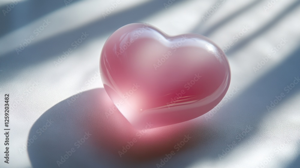 Pink heart, sunlit surface, window shadows, love concept Pink heart, sunlit surface, window shadows, love concept