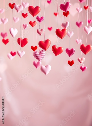 an image of a bunch of hearts hanging from strings, there is a lot of hearts hanging from the ceiling photo