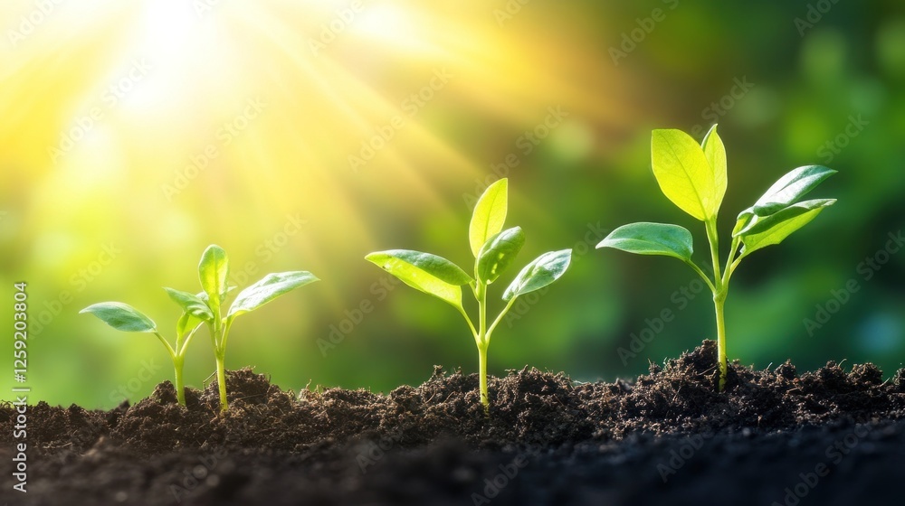 Seedlings growing in soil, sunlight, nature background, growth concept Seedlings growing in soil, sunlight, nature background, growth concept
