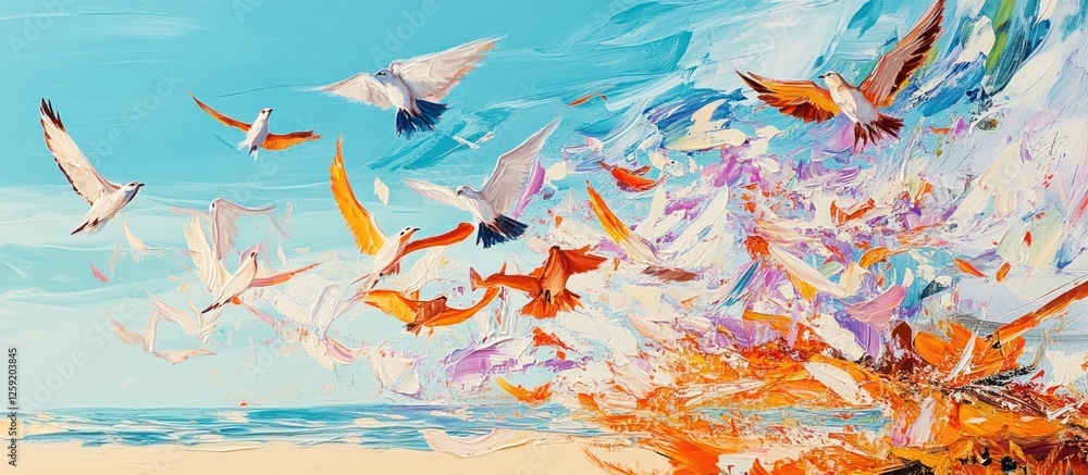 Obraz premium Abstract painting of many birds flying over ocean beach.