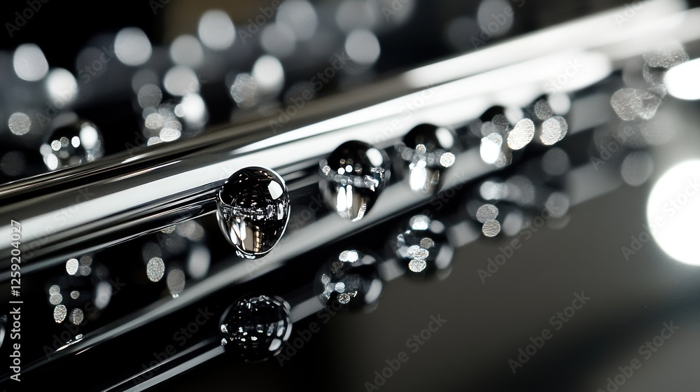 Chrome rod, water droplets, reflection, dark background, industrial use Chrome rod, water droplets, reflection, dark background, industrial use