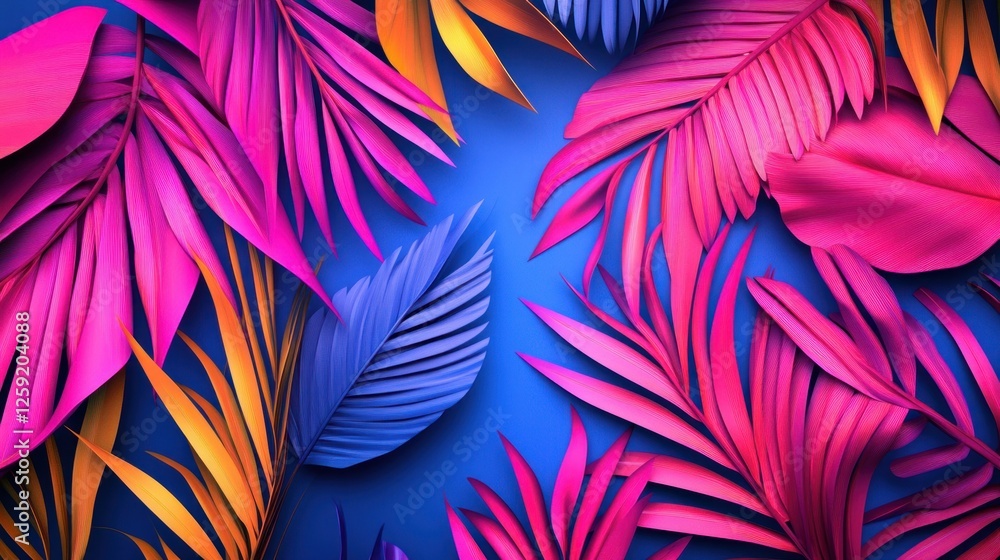 Vibrant Tropical Leaves in Bold Colors Against Blue Vibrant Tropical Leaves in Bold Colors Against Blue