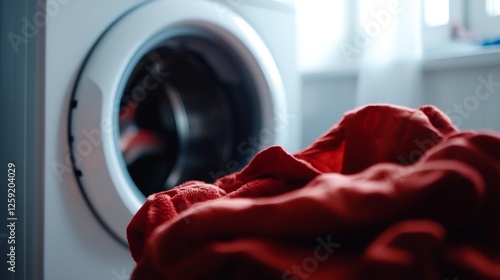 Red Fabric Near Washing Machine: Laundry Day Close-Up