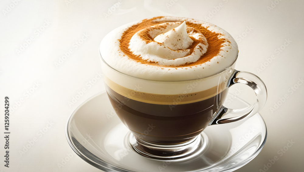 Cappuccino with cinnamon on a foam in a transparent cup Cappuccino with cinnamon on a foam in a transparent cup