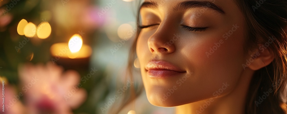 Fototapeta premium Young woman enjoying aromatherapy treatment with closed eyes surrounded by warm candlelight