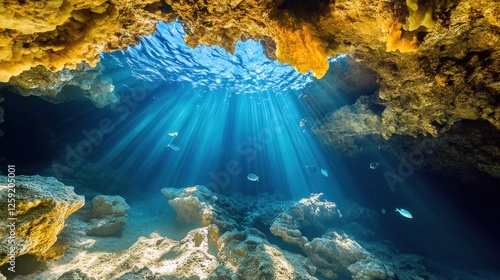 Underwater cave sunlight beams ocean floor marine life travel photo