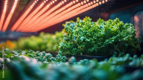 Fresh Green Vegetables Growing Under LED Lights in Indoor Farm. Generative AI photo