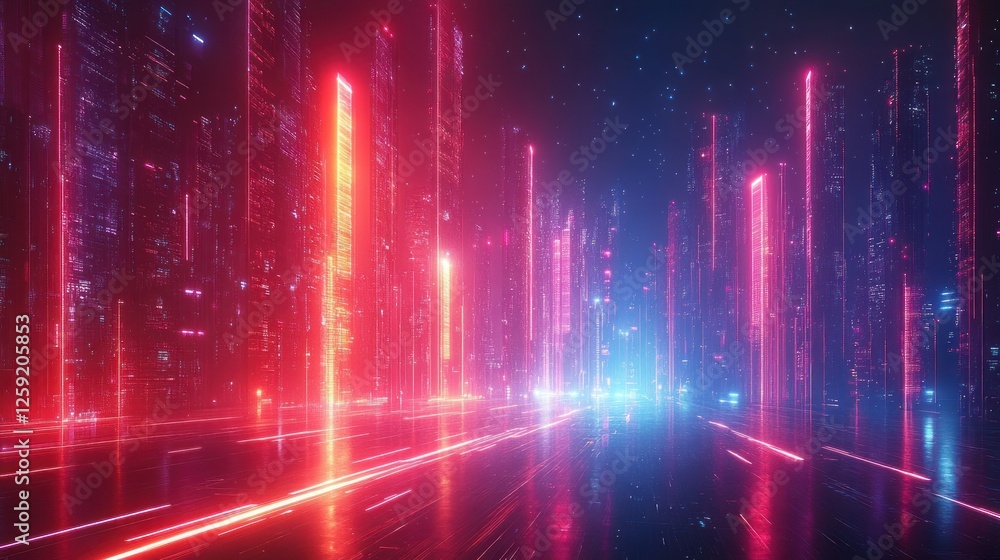 Neon city street, glowing skyscrapers, night, futuristic, digital backdrop Neon city street, glowing skyscrapers, night, futuristic, digital backdrop