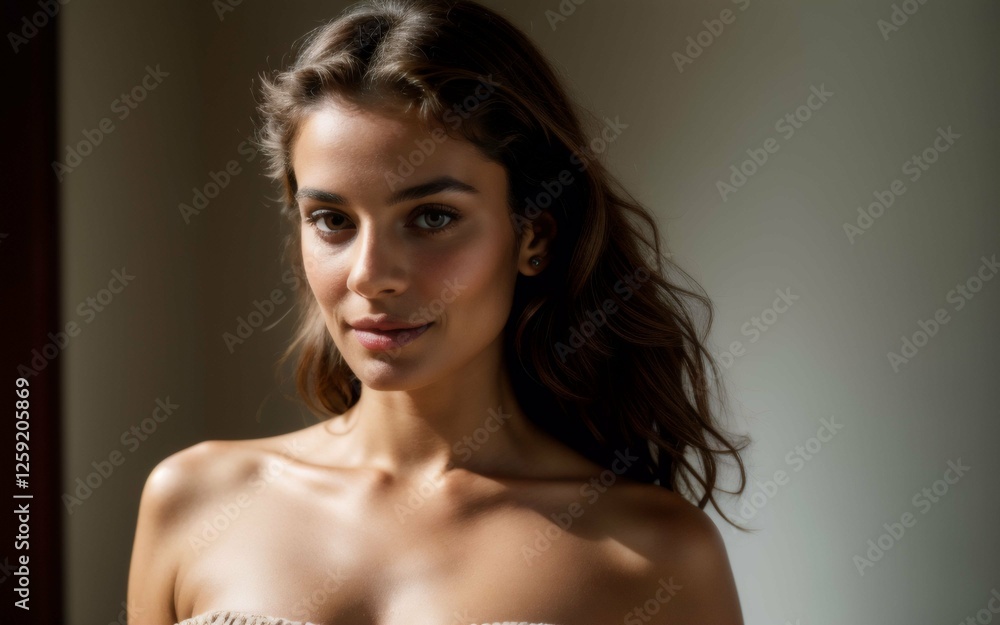 A young, light-skinned woman with long, wavy brown hair and soft, natural makeup. A young, light-skinned woman with long, wavy brown hair and soft, natural makeup.