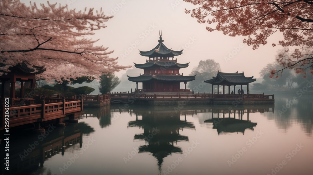 Obraz premium Traditional Japanese Pavilion and Cherry Blossoms 