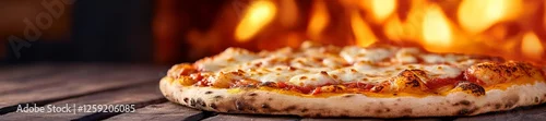 Panel kuchenny z motywem Hot pizza with melted cheese and tomato sauce in a wood-fired oven. Generative AI
