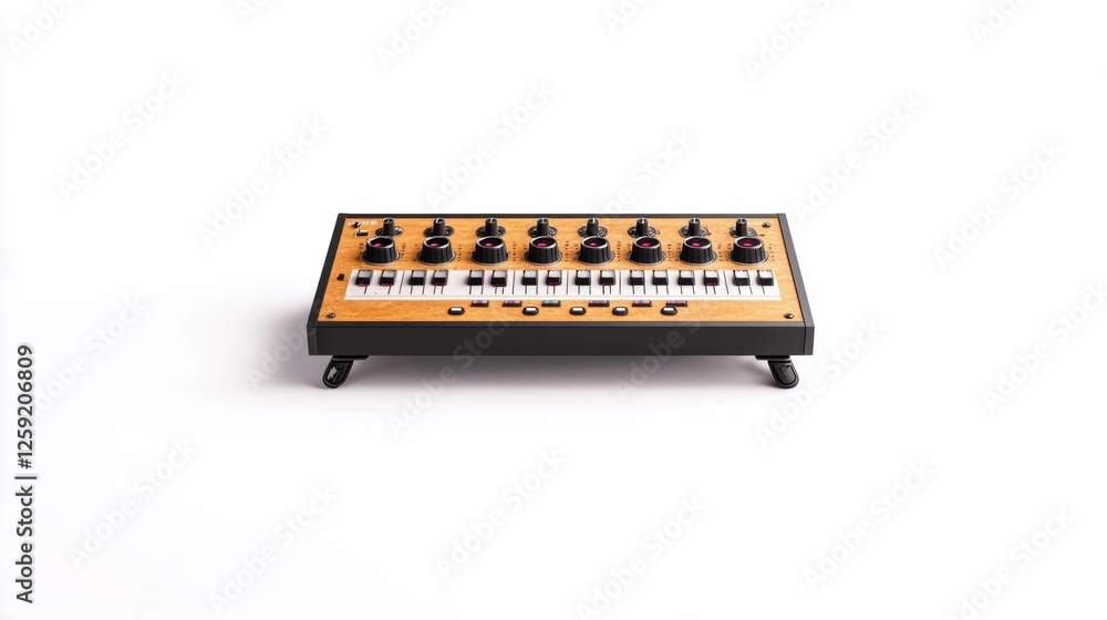 Stylish Wooden Keyboard Synthesizer with Knobs and Keys. Generative AI Stylish Wooden Keyboard Synthesizer with Knobs and Keys. Generative AI