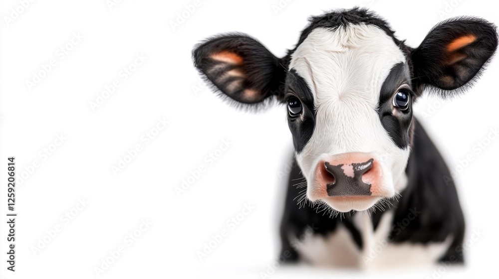 Close-up of a cute black and white calf with large bright eyes looking at the camera against a white background. Generative AI Close-up of a cute black and white calf with large bright eyes looking at the camera against a white background. Generative AI
