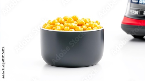 Fresh Popcorn Served in a Black Bowl Isolated on White Background. Generative AI photo