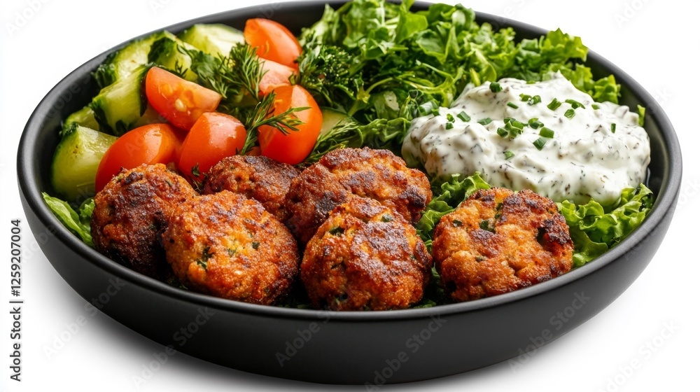 Delicious homemade falafel served with fresh vegetables and creamy yogurt dip. Generative AI Delicious homemade falafel served with fresh vegetables and creamy yogurt dip. Generative AI