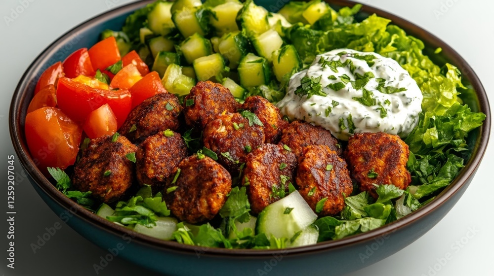 Delicious Mediterranean Salad with Falafel and Yogurt Sauce. Generative AI Delicious Mediterranean Salad with Falafel and Yogurt Sauce. Generative AI