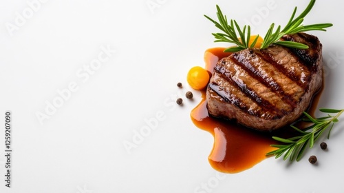 Delicious grilled steak with rosemary peppercorns and sauce on a white background. Generative AI photo