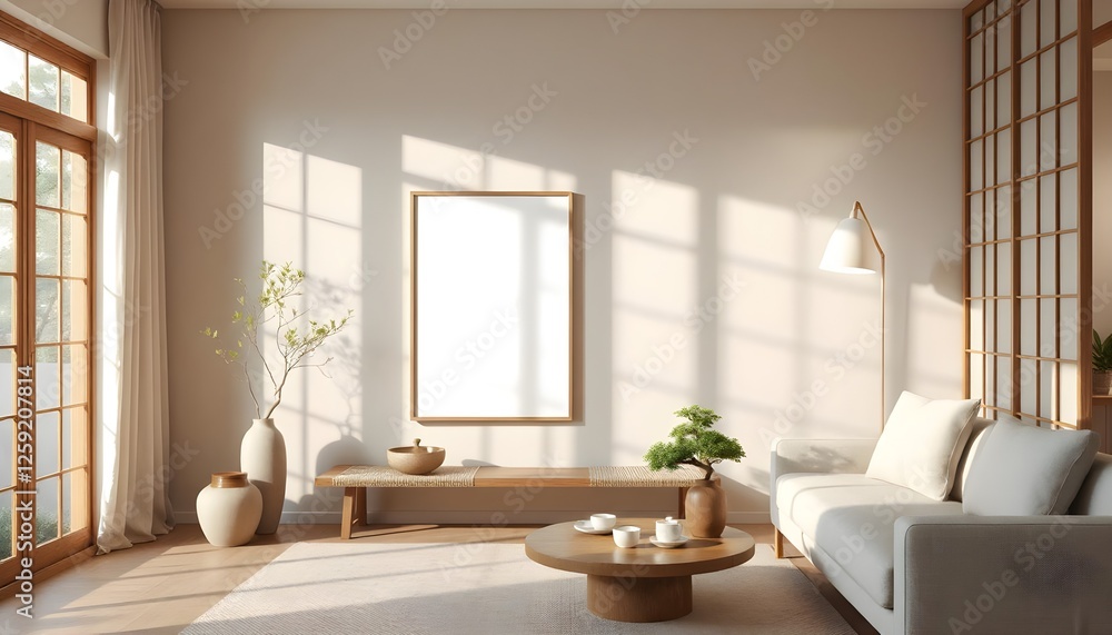 empty frame mockup in japandi living space, warm neutral tones, wooden textures, organic modern decor, soft linen upholstery, cozy minimalist ambiance empty frame mockup in japandi living space, warm neutral tones, wooden textures, organic modern decor, soft linen upholstery, cozy minimalist ambiance