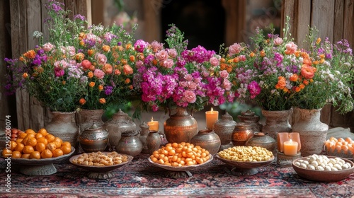 Wallpaper Mural Beautiful Persian Table with Flowers and Candles for Celebration. Generative AI Torontodigital.ca