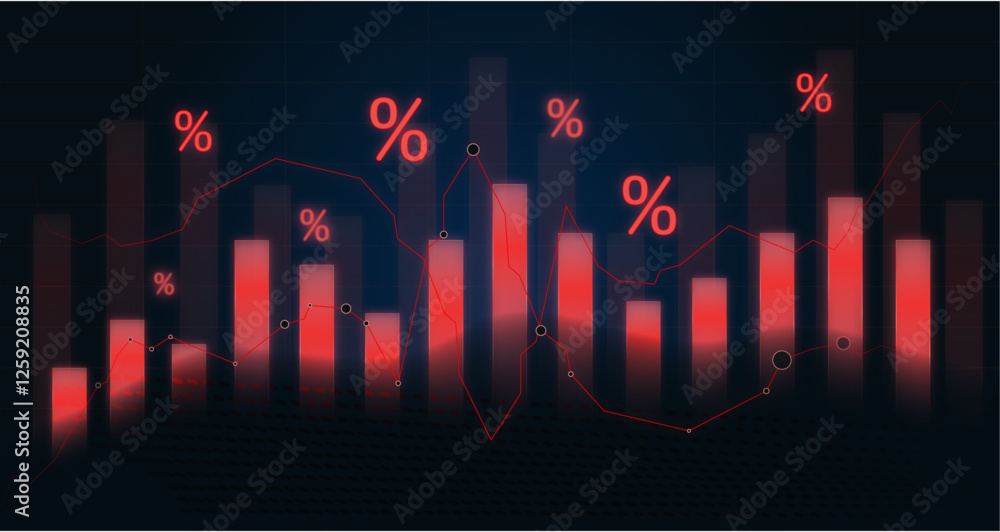 glowing red financial chart with percentage symbols, stock market decline concept