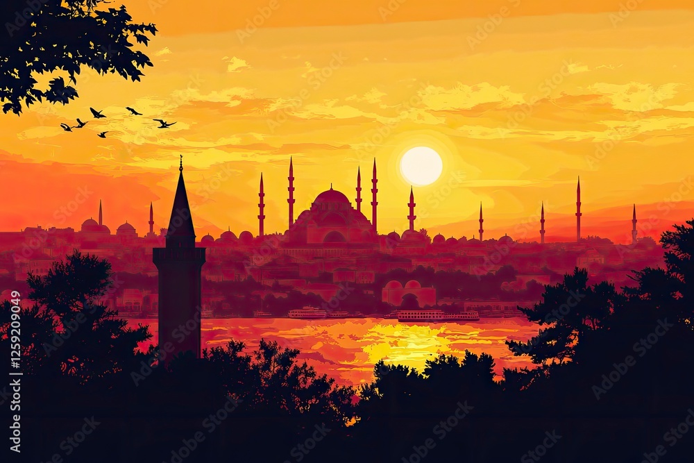 Naklejka premium Maiden Tower and historic peninsula in Istanbul in foreground, silhouette of Sultanahmet Mosque, with generative ai