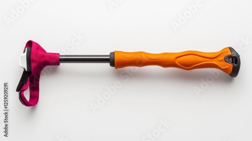 Hiking pole with an orange grip on a white background for trekking adventures. Generative AI photo