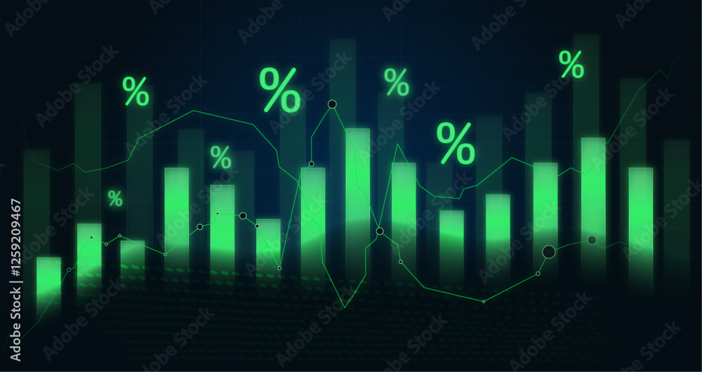 glowing green financial chart with percentage symbols, stock market growth concept
