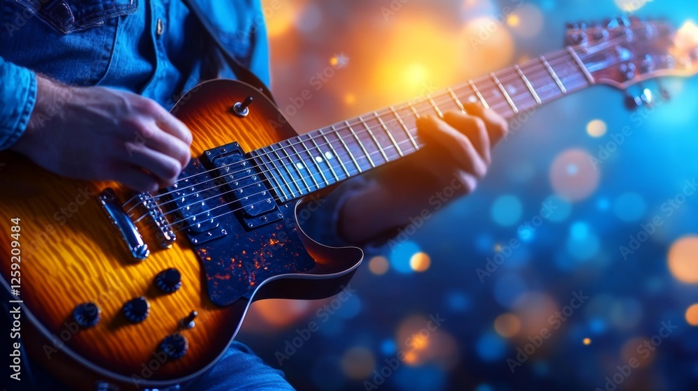 Obraz premium Close-up of a person playing an electric guitar in a vibrant setting. Generative AI