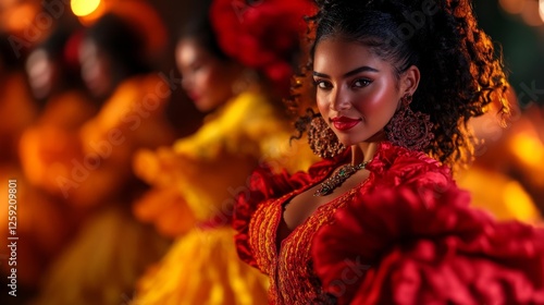 Beautiful woman performing traditional dance with vibrant red dress and curly hair. Generative AI