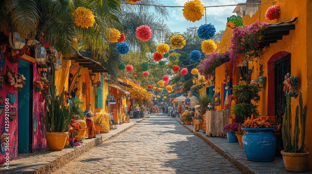 Fototapeta premium Colorful Street with Bright Flowers and Vibrant Buildings in a Picturesque Town. Generative AI