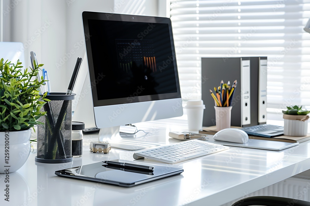 Laptop, smartphone and office supplies on white table Laptop, smartphone and office supplies on white table