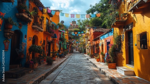 Colorful Street in Mexican Village with Bright Houses and Decorations. Generative AI