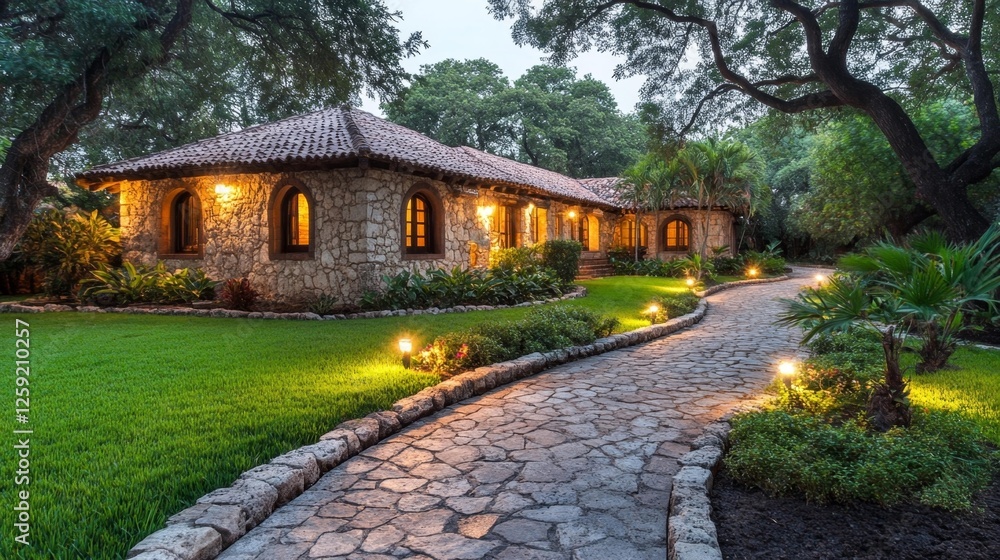 Beautiful Stone House with Garden and Lighting Pathway at Night. Generative AI Beautiful Stone House with Garden and Lighting Pathway at Night. Generative AI