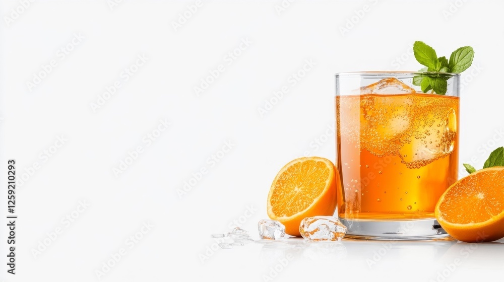 Fototapeta premium Refreshing glass of orange soda with ice and mint leaves. Generative AI