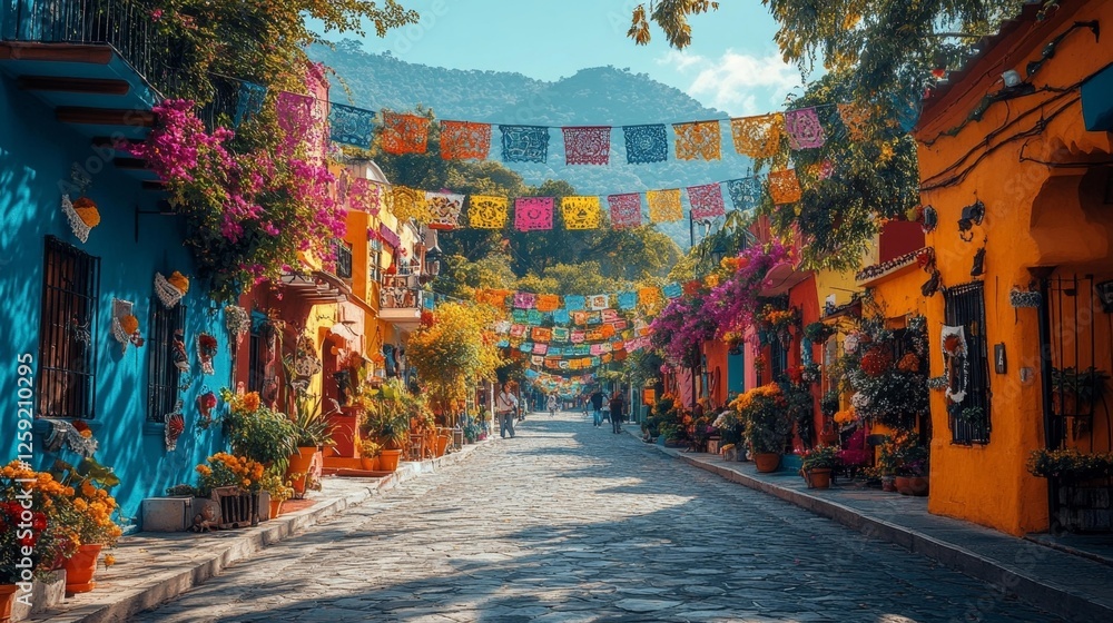 Fototapeta premium Colorful Streets with Mexican Decorations and Flowers in Daylight. Generative AI