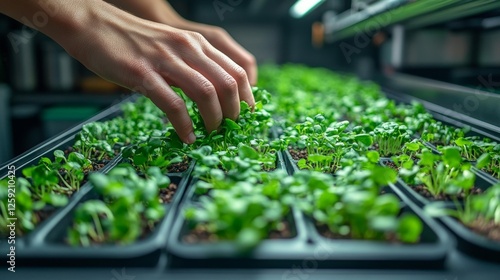 Close-up of hand picking fresh microgreens in a hydroponic farm. Generative AI photo