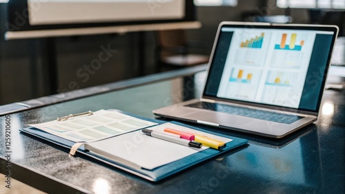 A clipboard filled with notes and colorful charts on selfimprovement techniques p on a sleek laboratory table beside an open laptop displaying an interactive workshop presentation. photo