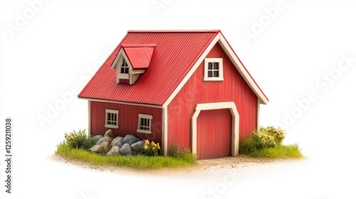 Wallpaper Mural Small scale red barn with white roof and landscaping on white isolated background. Generative AI Torontodigital.ca