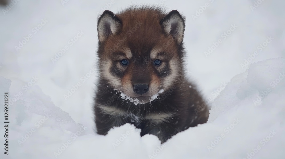 Obraz premium Cute wolf baby/puppy playing in winter snow portrait - ai